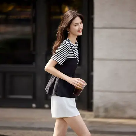 时尚短袖衬衫2024年夏季新款女娃娃衫减龄休闲百搭拼接假两件上衣商品大图