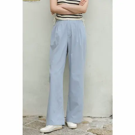 弥古蓝色冰丝直筒阔腿裤夏季裤子女士薄款休闲裤高腰显瘦垂感长裤商品大图