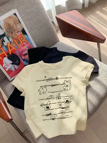 夏日多巴胺纯棉正肩短袖T恤女日系卡通印花设计感修身显瘦短上衣商品大图