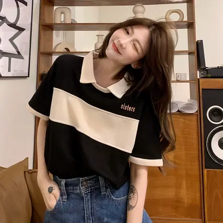 撞色翻领POLO衫T恤女夏季韩版百搭宽松chic港味短袖上衣2025新款图片