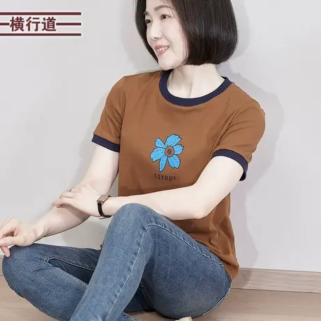 撞色花卉圆领女装2025夏季新款休闲韩版短袖t恤上衣服打底衫半袖图片