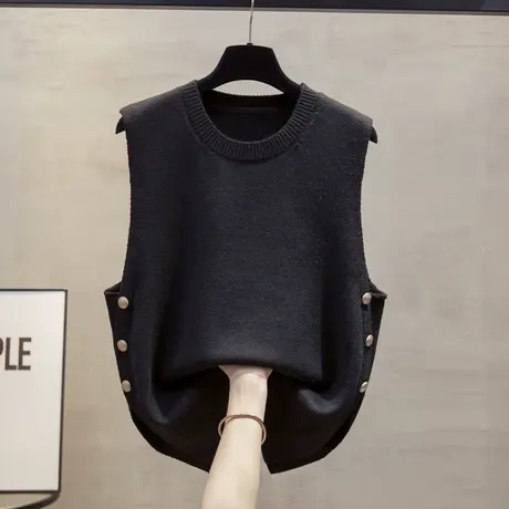 秋季新款圆领马甲针织背心女款外穿休闲开叉时尚无袖毛衣女坎肩商品大图