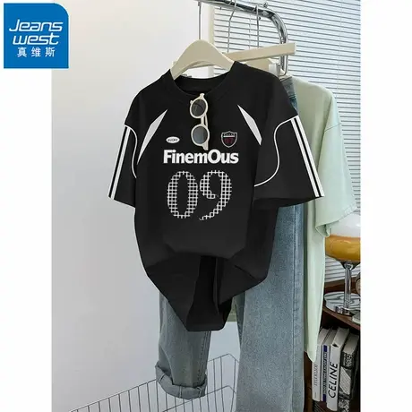 NR真维斯黑色字母印花插肩纯棉短袖t恤女条纹落肩宽松美式上衣潮商品大图