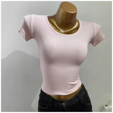 小小件！紧身螺纹棉短袖T恤女短款气质露脐打底上衣2021夏季新款图片