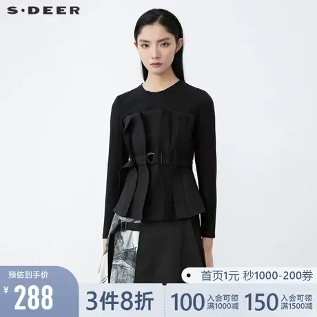 sdeer圣迪奥春季休闲圆领压褶收腰肌理拼接长袖T恤S21460207🐦商品大图