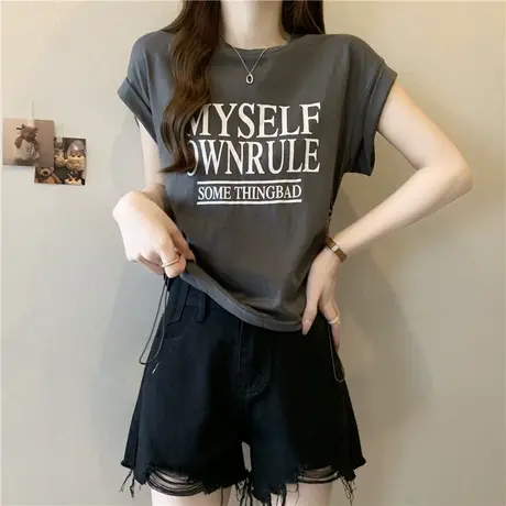 ins超火抽绳下摆半袖T恤女韩版宽松短款小个子打底衫夏季短袖上衣商品大图