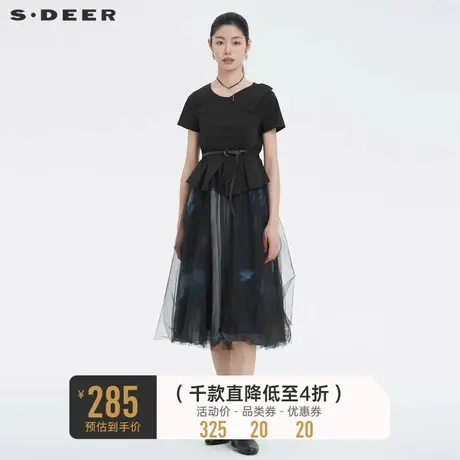 sdeer圣迪奥夏季长裙圆领网纱印花收腰短袖黑色连衣裙女S222Z1204商品大图