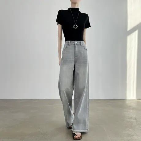 美式复古浅灰色牛仔裤女2025春秋阔腿高腰宽松显瘦垂感拖地直筒裤商品大图