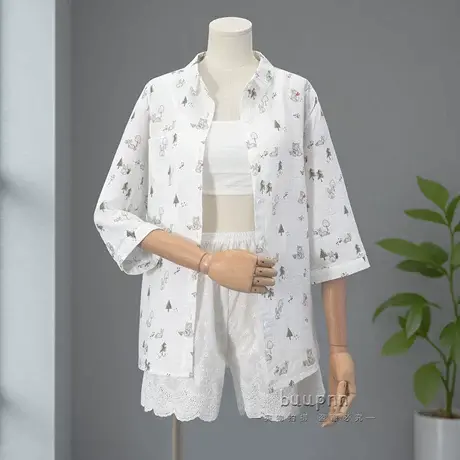七分袖棉纱开衫衬衫搭配带胸垫小吊带两件套中袖薄款宽松夏女印花图片