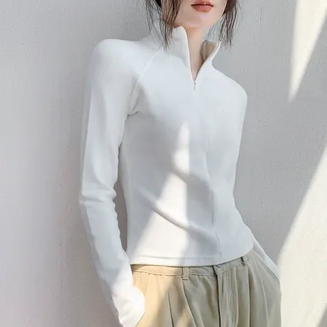德绒高领打底衫女2025秋冬新款内搭拉链立领修身白色外穿保暖上衣图片