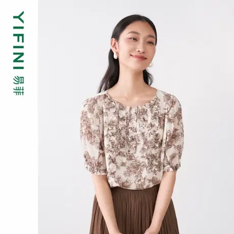 [专柜同款]Yifini/易菲宽松短款圆领印花通勤小衫女春秋季新款图片