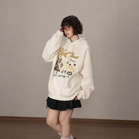 YEP美式印花连帽卫衣女春秋2025新款复古长袖帽衫宽松设计感外套图片