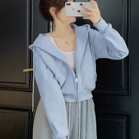 天蓝色短款秋冬季爆款卫衣女2025新款设计感小众拉链开衫上衣外套商品大图