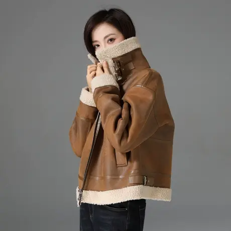 皮毛一体羊羔毛麂皮绒外套女秋冬新款加绒加厚短款美拉德上衣夹克商品大图