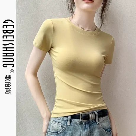 歌倍尚短袖t恤女春秋纯色修身显瘦打底衫正肩圆领弹力内搭上衣薄图片