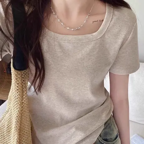 正肩方领短袖T恤女夏季2025新款修身韩版打底衫内搭外穿半袖上衣图片