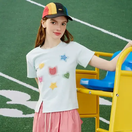 a02可爱甜美风彩色星星印花女式T恤夏季开叉设计短袖上衣图片
