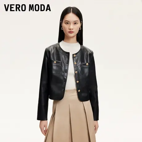 Vero Moda奥莱夹克外套女2025夏季新款圆领短款仿皮气质通勤上衣商品大图