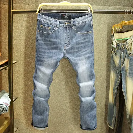 高端轻奢时尚牛仔裤男款修身弹力小脚裤欧洲站经典蓝色百搭长裤子图片