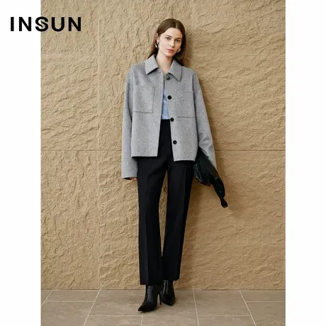 INSUN恩裳2024冬季格雷系廓形羊绒毛呢外套商品大图