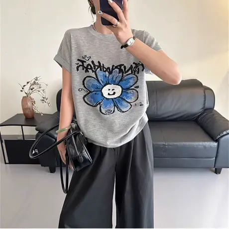 夏季女士假两件冰丝针织短袖t恤女款2025新款爆款设计感短款上衣商品大图