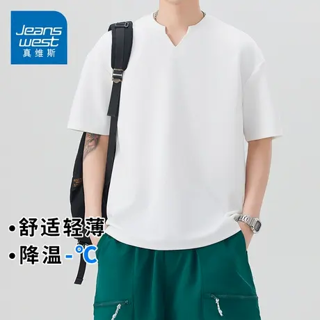 KZH真维斯港风短袖T恤男夏季新款宽松打底衫V领潮流重磅休闲上衣t商品大图