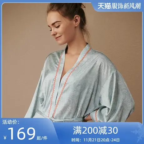 夏娃的诱惑春夏薄款家居服法式宽袖系带女士睡衣仿真丝印花睡袍图片