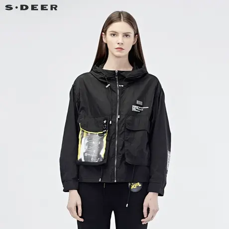 sdeer圣迪奥2019秋季休闲连帽立体贴袋抽绳短款外套S19182204图片