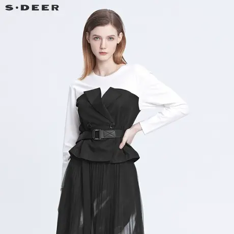 sdeer圣迪奥女装22春夏新品圆领拼接收腰撞色假两件T恤S22180205图片