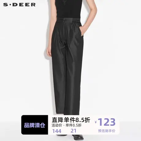 sdeer圣迪奥女装休闲松紧拼接插袋直筒黑色长裤S21380814图片