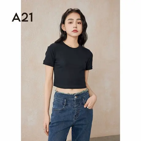 A21女装针织修身圆领短袖T恤夏季潮牌休闲修身短款漏肚脐上衣体恤图片