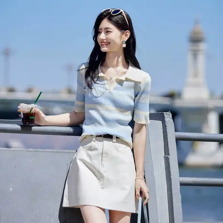 时尚气质毛衣2024年季新款女V领显瘦修身撞色条纹针织短袖上衣商品大图