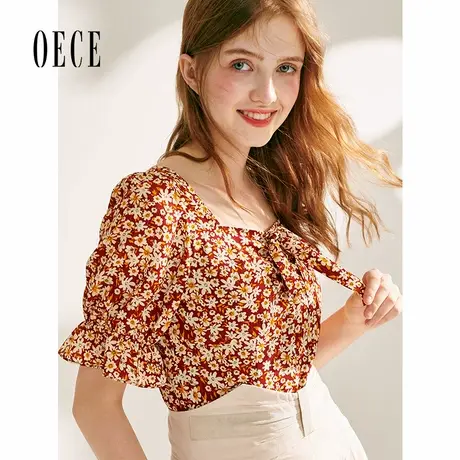 Oece夏装新款女装 甜蜜感复古碎花清新减龄法式方领短袖上衣商品大图