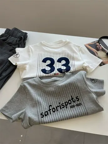 美式街头bf中性运动风字母印花圆领短袖t恤女修身短款打底衫上衣商品大图