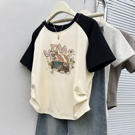 夏季纯棉短袖t恤女2025新款韩版宽松插肩半袖拼色短款上衣服潮ins商品大图