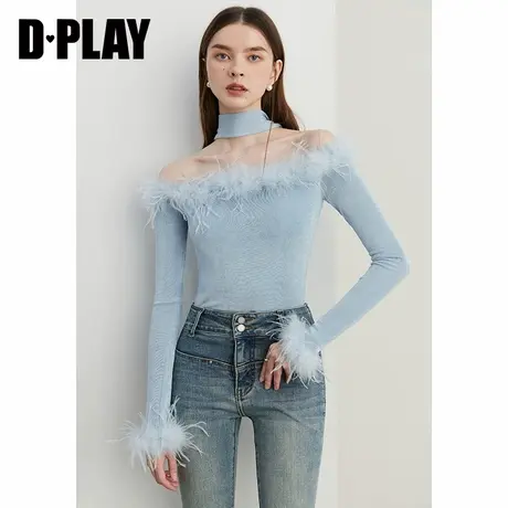 DPLAY冬季新款法式蓝色一字领针织衫气质显瘦毛衣上衣长袖女图片