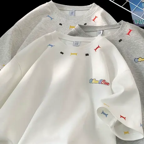 短袖T恤男夏季新款刺绣设计圆领体恤潮牌宽松休闲上衣ins男生半袖图片