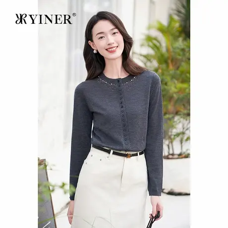 【优雅衣橱】YINER音儿专选100美丽诺羊毛春日格雷系烫钻针织衫商品大图