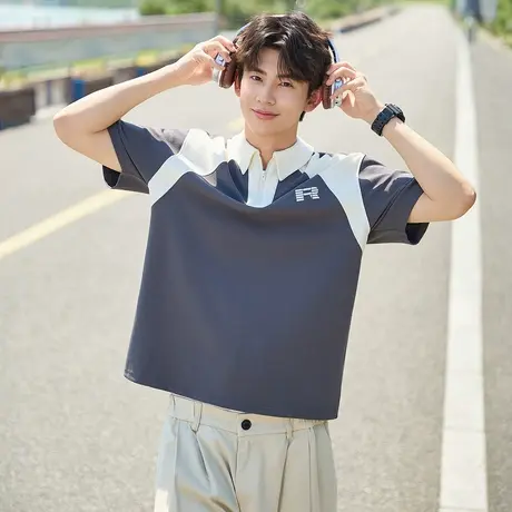 唐狮夏季新款男短袖Polo衫拼接撞色翻领上衣学生宽松运动T恤官方图片