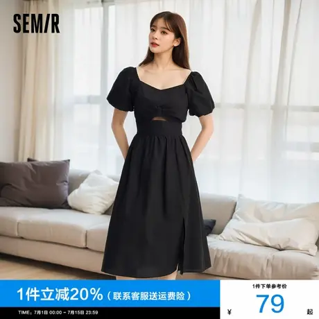 森马连衣裙女纯色泡泡袖开叉优雅显腿长2024夏新款法式收腰小黑裙商品大图