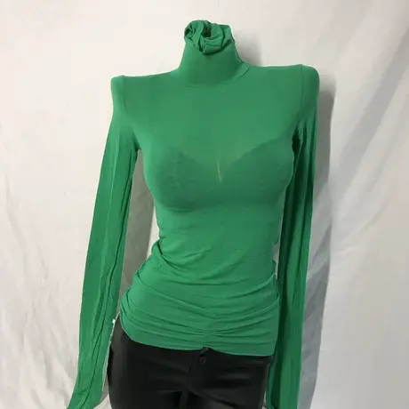 韩国东大门女装  性感草绿色 紧身显廋高领堆堆袖长袖早秋打底衫图片