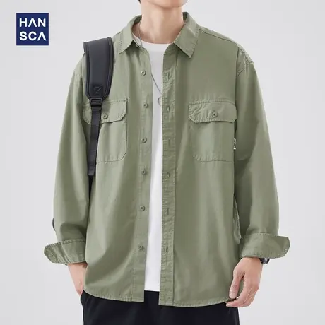 hansca日系潮牌翻领长袖衬衫男春季新款纯色工装百搭休闲上衣外套商品大图