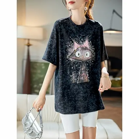 宝诗黎圆领钉珠印花黑色短袖T恤2025夏季宽松落肩百搭休闲上衣女图片