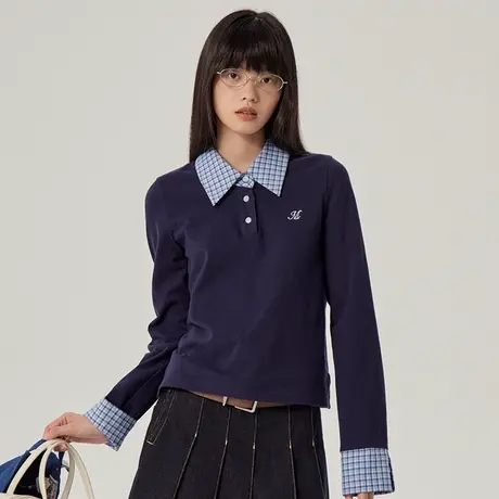 omont蛋挞家 miu风撞色假两件长袖T恤春季复古修身正肩短款小上衣商品大图