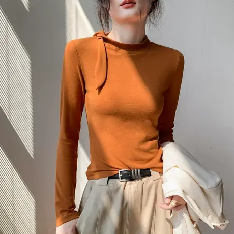歌倍尚飘带领长袖T恤女2025入秋韩系穿搭南瓜橘修身上衣打底衫图片