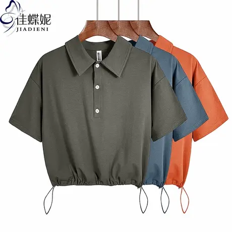 夏季新款polo领宽松短款纯棉抽绳纯欲休闲纯色短袖体恤上衣女高腰商品大图