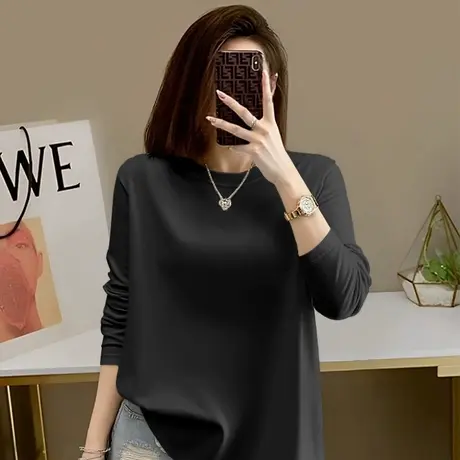 KWV真维斯纯棉长袖女t恤春秋2025新款百搭宽松胖mm设计感内搭上衣商品大图