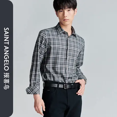 报喜鸟秋季新款男士商务休闲长袖衬衫上衣百搭格纹衬衣浅松林绿男商品大图