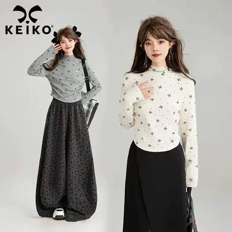 KEIKO蝴蝶结小碎花长袖t恤25春季气质高弹抽皱显瘦针织上衣打底衫图片