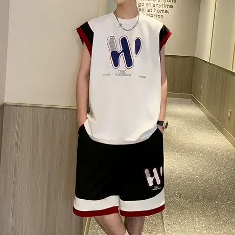 背心运动套装男夏季2025新款潮牌坎肩薄款无袖t恤篮球短裤两件套图片